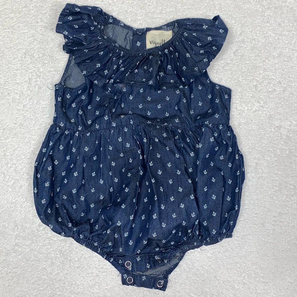 Vignette denim look bubble romper sunsuit  ruffle collar anchor print 12/18m